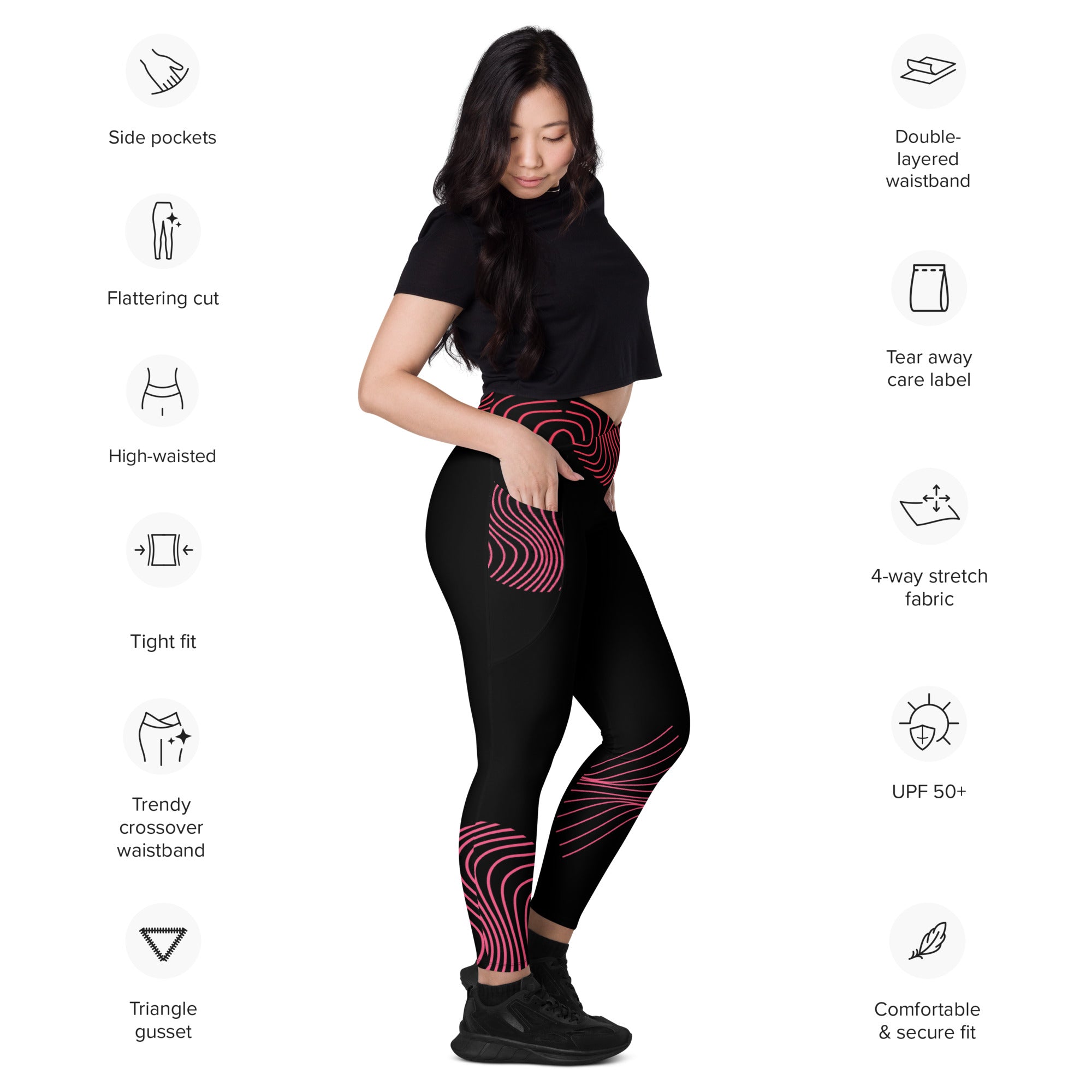 workout-leggings-black-with-pockets-crossover-waist-viva-magenta-yoga-pants-ripplefx-wickedyo 7